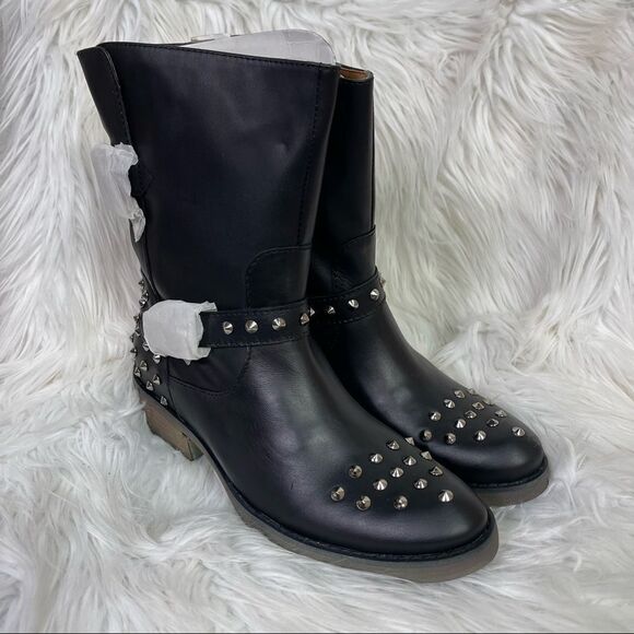 NEW LLKO Black Genuine Leather Studded Mid Calf Moto Booties EUR 38 US 7.5 - Picture 1 of 10